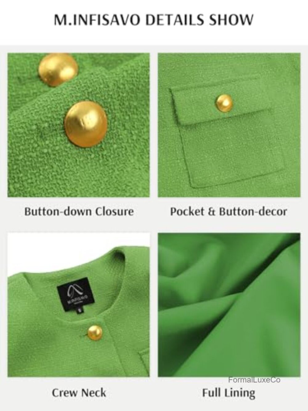 Tweed Cropped Blazer Gold Buttons Round Neck Long Sleeve Business Casual - Picture 3 of 6